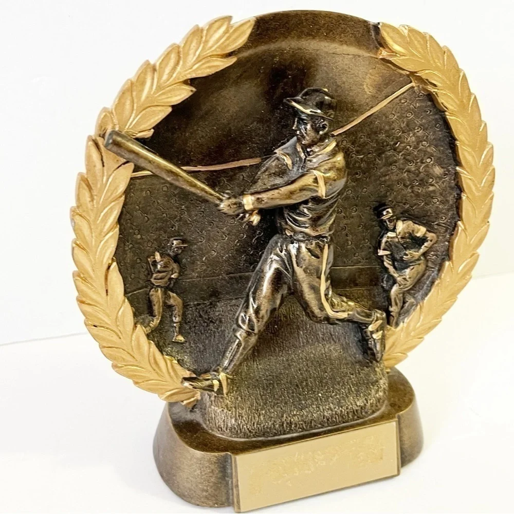 Gold Male Baseball Batter Resin Trophy Awards Plaque Coach Gift 3D Raised Relief